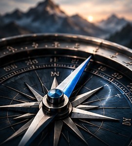 A compass in the foreground with mountains at sunrise behind it
